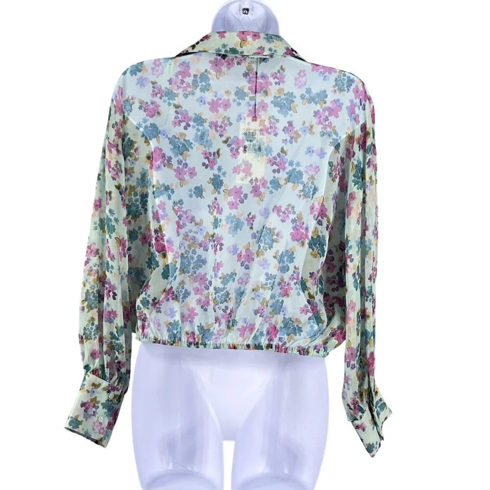 Zara NWT Womens S Floral Wrap Blouse Bell Sleeves Fairy Pastel Chiffon Crop Top - Picture 3 of 15